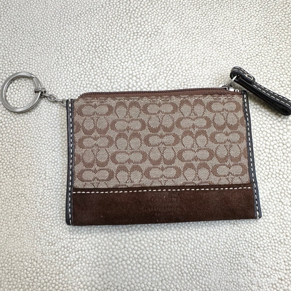 Coach Signature Card Case Wallet with Keyring in Canvas and Suede